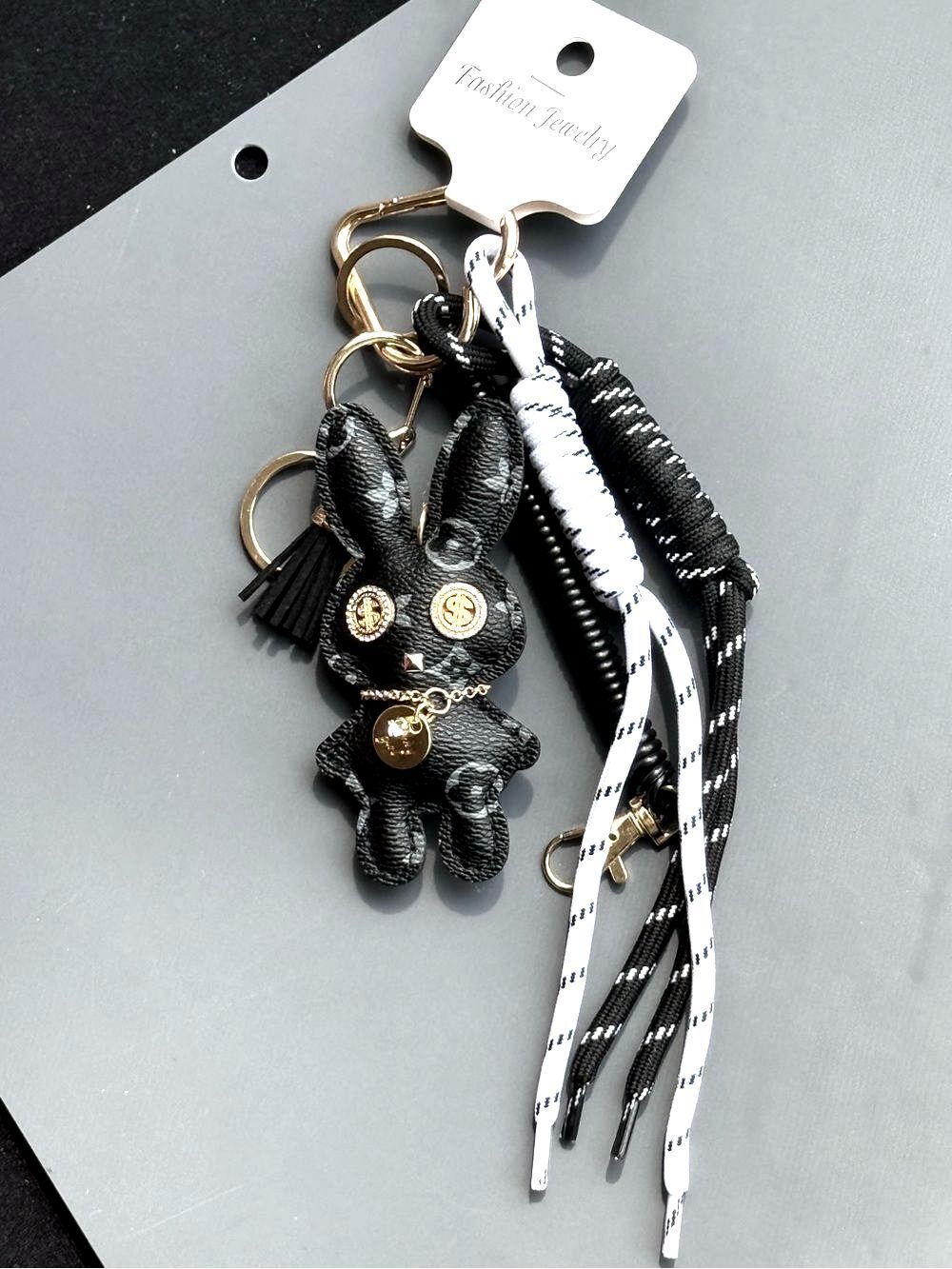 Black Floral Print Bunny Keychain Bag Charm Gold Dollar Sign Accents NWT